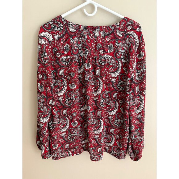 LOFT Red Paisley Print Long Sleeve  Split Neck Fall Career Blouse Size XL - Picture 8 of 11